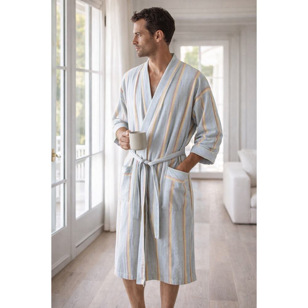 Vintage Bill Blass Men’s Cotton Stripe Robe Belted Lounge Sleepwear One Size